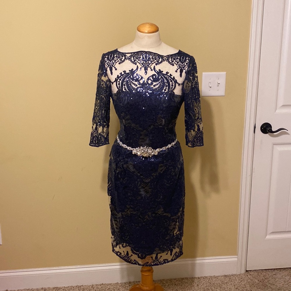 Navy Lace Sequin and Rhinestone Formal Dress